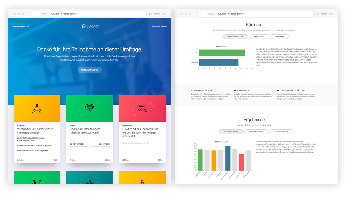 Gamified Survey mit Survkit Karten und live Umfragedashboard